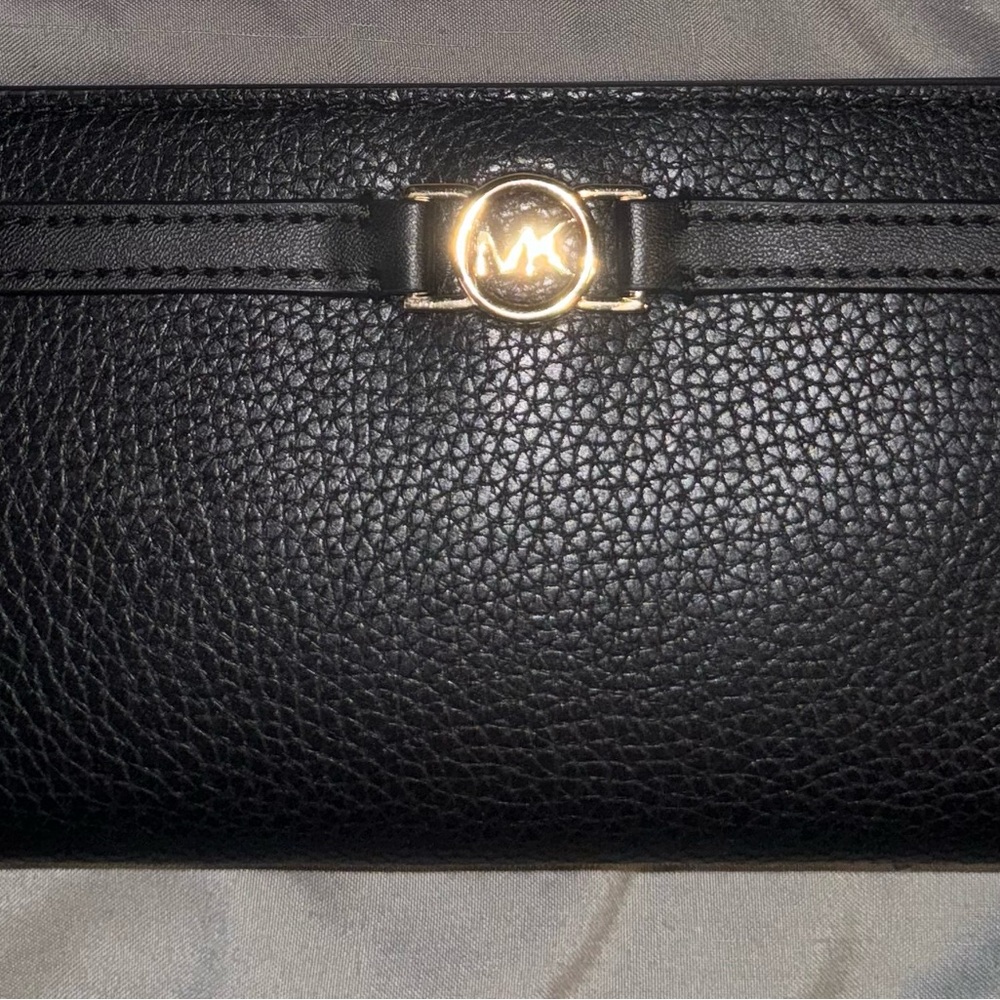 Michael Kors Black Pebbled Leather Continental Wallet with Gold MK Accent